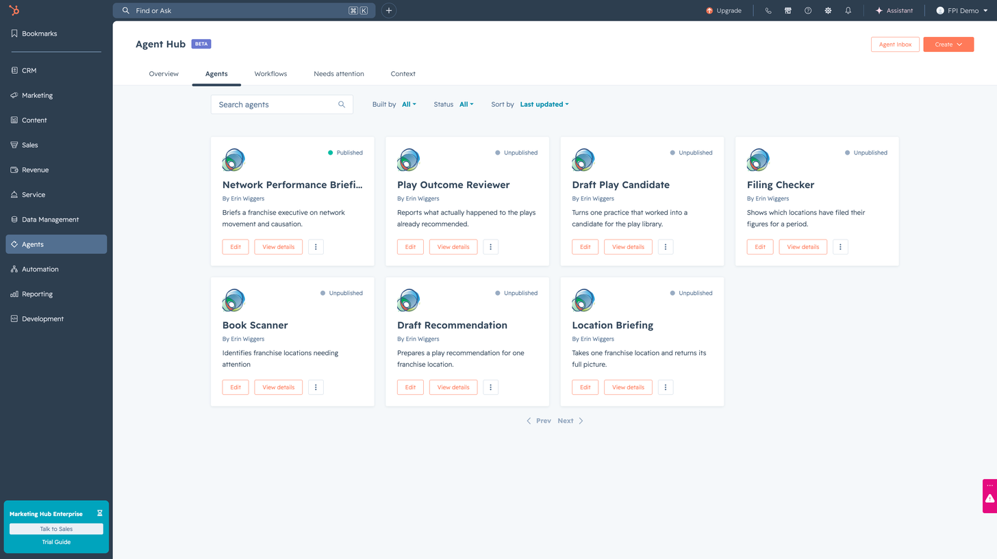 The seven agents that ship with the app, listed in the agent hub