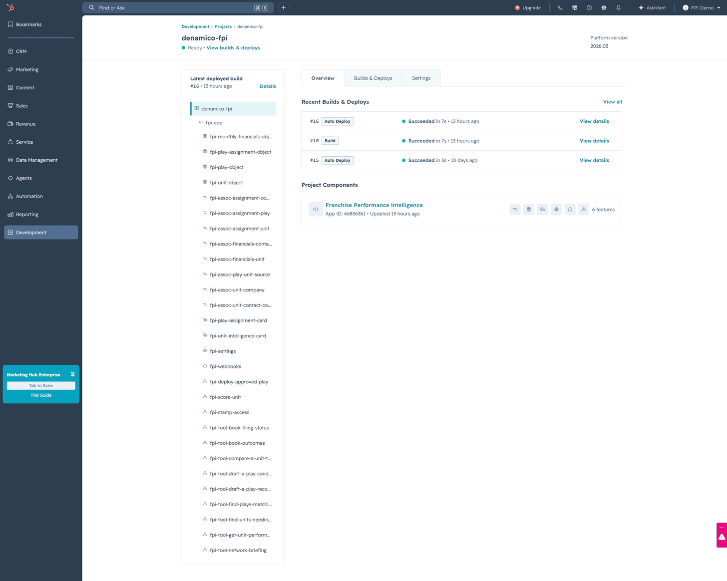 The app’s component list in the developer project: four objects, eight associations, two cards, the settings pages, the webhooks and the workflow actions