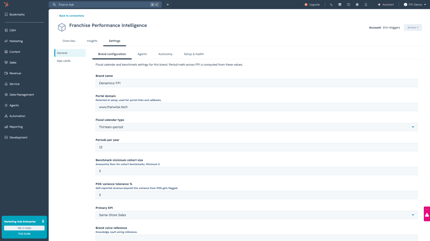 The brand configuration page: fiscal calendar, periods per year, the anonymity floor for benchmarks, the point of sale tolerance and the primary KPI