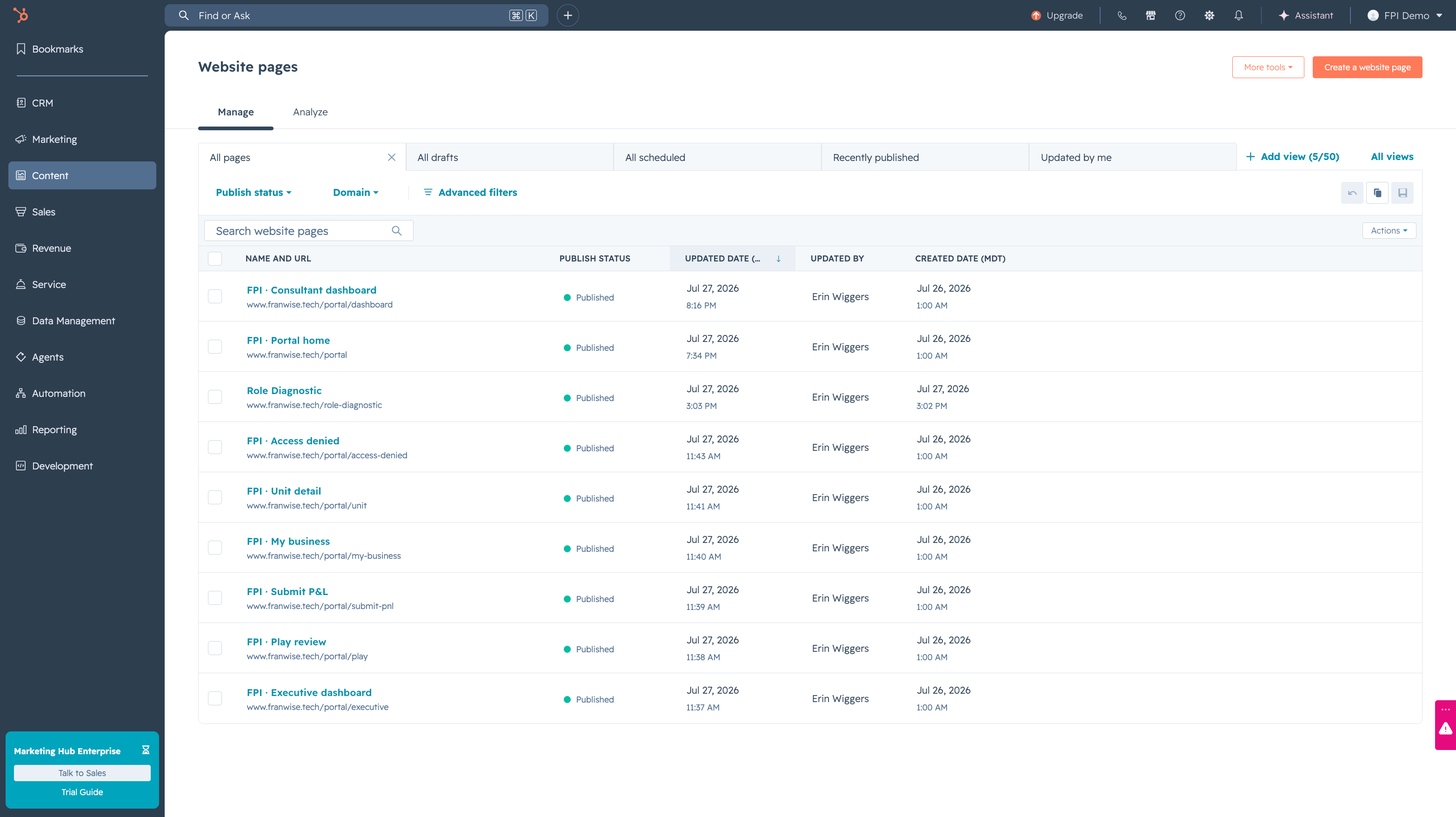 The eight member portal pages, published, on the franchisor’s own domain